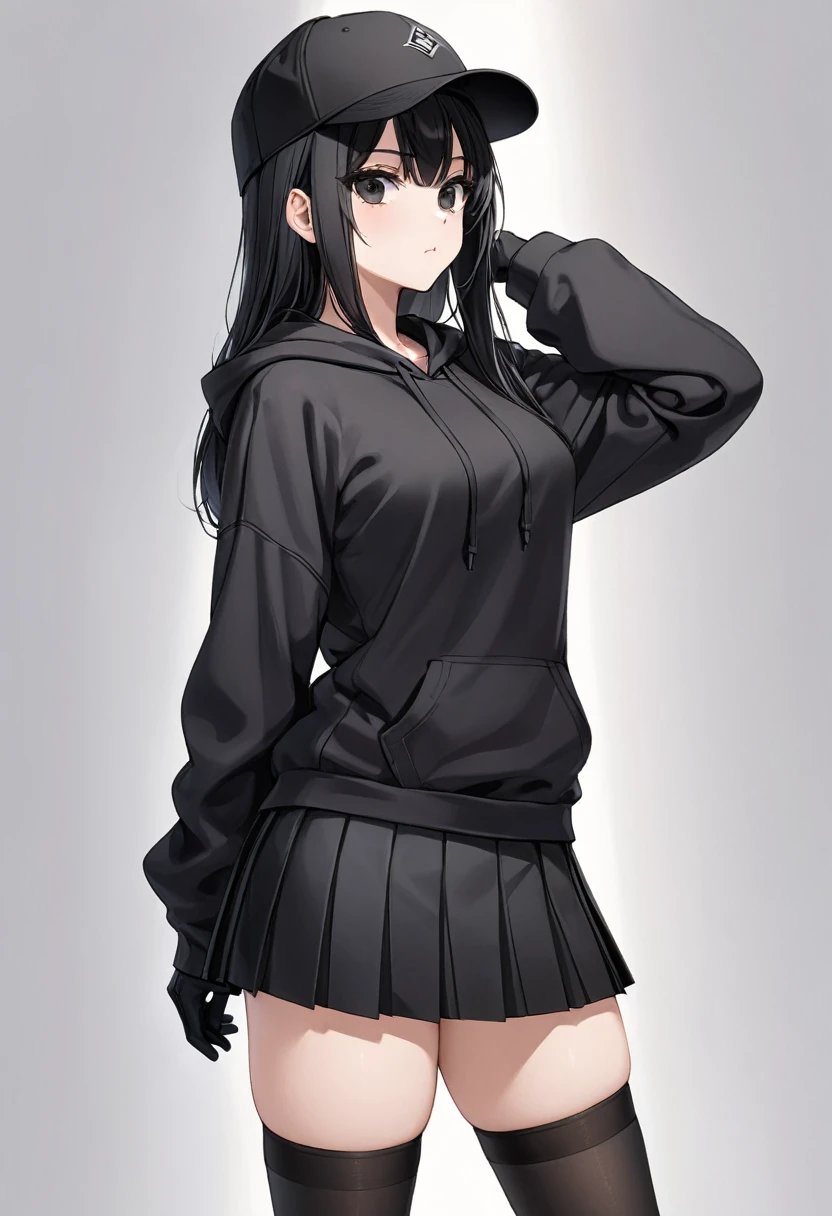 Black miniskirt , Black hoodie , Black gloves , pleated skirt , straight hair , black ball cap , black hair , black eyes , Black sneakers , whole body , stockings , thighs , standing posture , close up