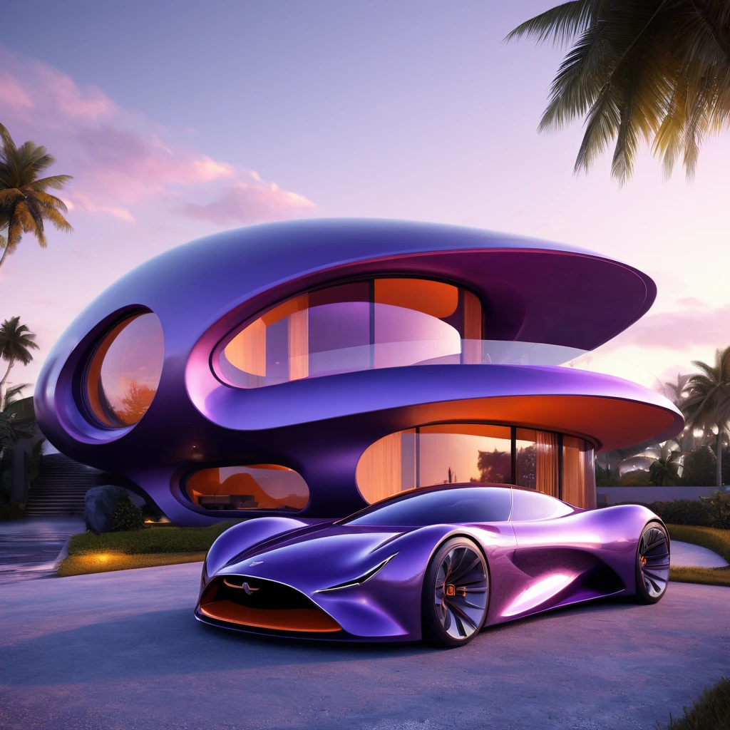 a futuristic house with a car parked in front of it, cgsocietywlop, beautiful curves, purple and orange drapes, intricate devilish designs, qualia, interesting shapes & form, wow factor, elaborate polished, architectural rendering, miami, futuristic battlefield, inspired by James E. Brewton, precise architectural rendering