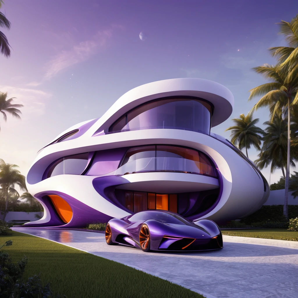 a futuristic house with a car parked in front of it, cgsocietywlop, beautiful curves, purple and orange drapes, intricate devilish designs, qualia, interesting shapes & form, wow factor, elaborate polished, architectural rendering, miami, futuristic battlefield, inspired by James E. Brewton, precise architectural rendering
