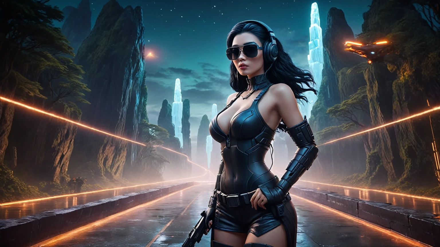 At night, dark sky, distant shot aerial view of fantasy cyberpunk style ice ((Moai-statue)) city in forest, giant waterfall, ((flying vehicle)). ((1girl, solo, alone)), medium-breast:1.1 slim body, cleavage, sexy clothes, (headphone, black sunglasses, long black realistic hair), (((hip-up standing and holding pistol))), half-body thigh level medium shot, cinematic lighting.