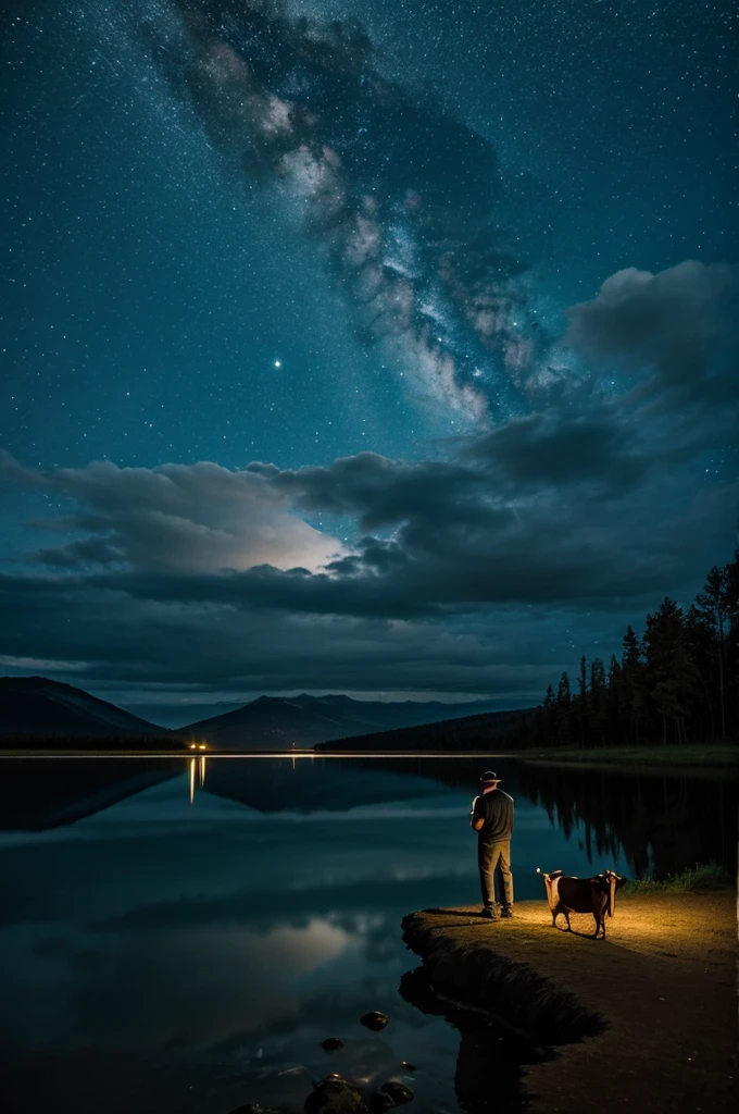 A man with his daughter with a cow in front of an immense shining lagoon