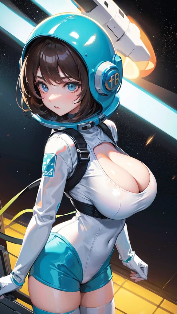 Girl with huge breasts wearing a small astronaut suit and helmet with cleavage and neon decorations in space