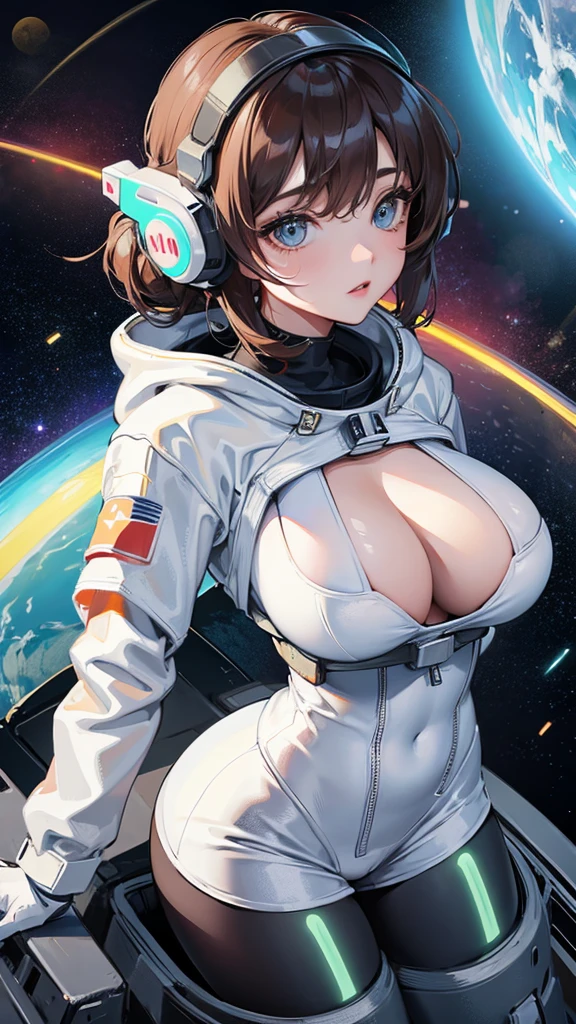 Girl with huge breasts wearing a small astronaut suit and helmet with cleavage and neon decorations in space 