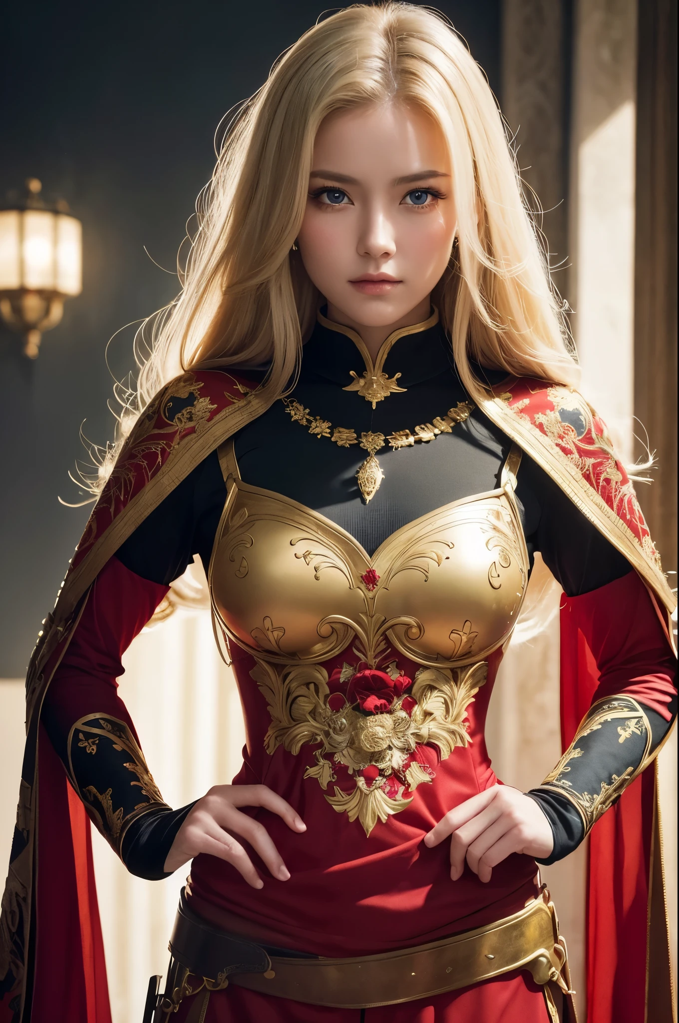 8K,Blonde princess in gorgeous red, white, Black and blue breastplate, Super Beauty(Like the real thing)Realistic Skin,美しいPrincess Night,blue eyes, Princess Night, ((美しい幻想的なPrincess Night)), Elegant , gorgeous princess paladin, 美しいPrincess Night,Ultra-high resolution,masterpiece,Surreal,Fantasy art,curator art,Cinestill 800,Captivating Gaze,Sexy,Close-up,Sexyな胸鎧,細くMuscularな身体,Battle Scenes,Action Scenes,Action pose,Equipped with a rapier on the waist,Royal coat of arms engraved on the breastplate,red and white luxurious cloak,Fight the enemy,Slender body,Muscular,gorgeous red and black pants(Gold embroidery),Small breasts,Childish appearance,Rugged appearance,身長が低いPrincess Night,Makeup,