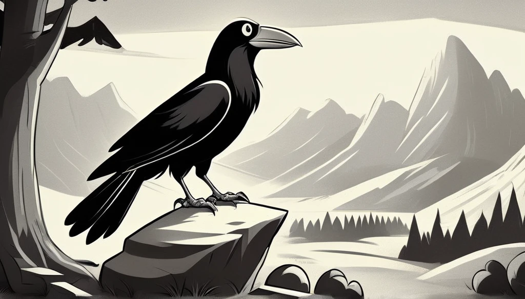 black and white vintage cartoon of A huge crow on a rock