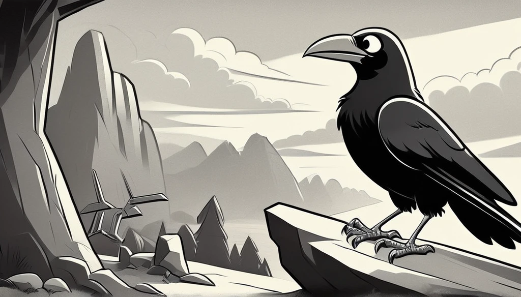 black and white vintage cartoon of A huge crow   on a rock 