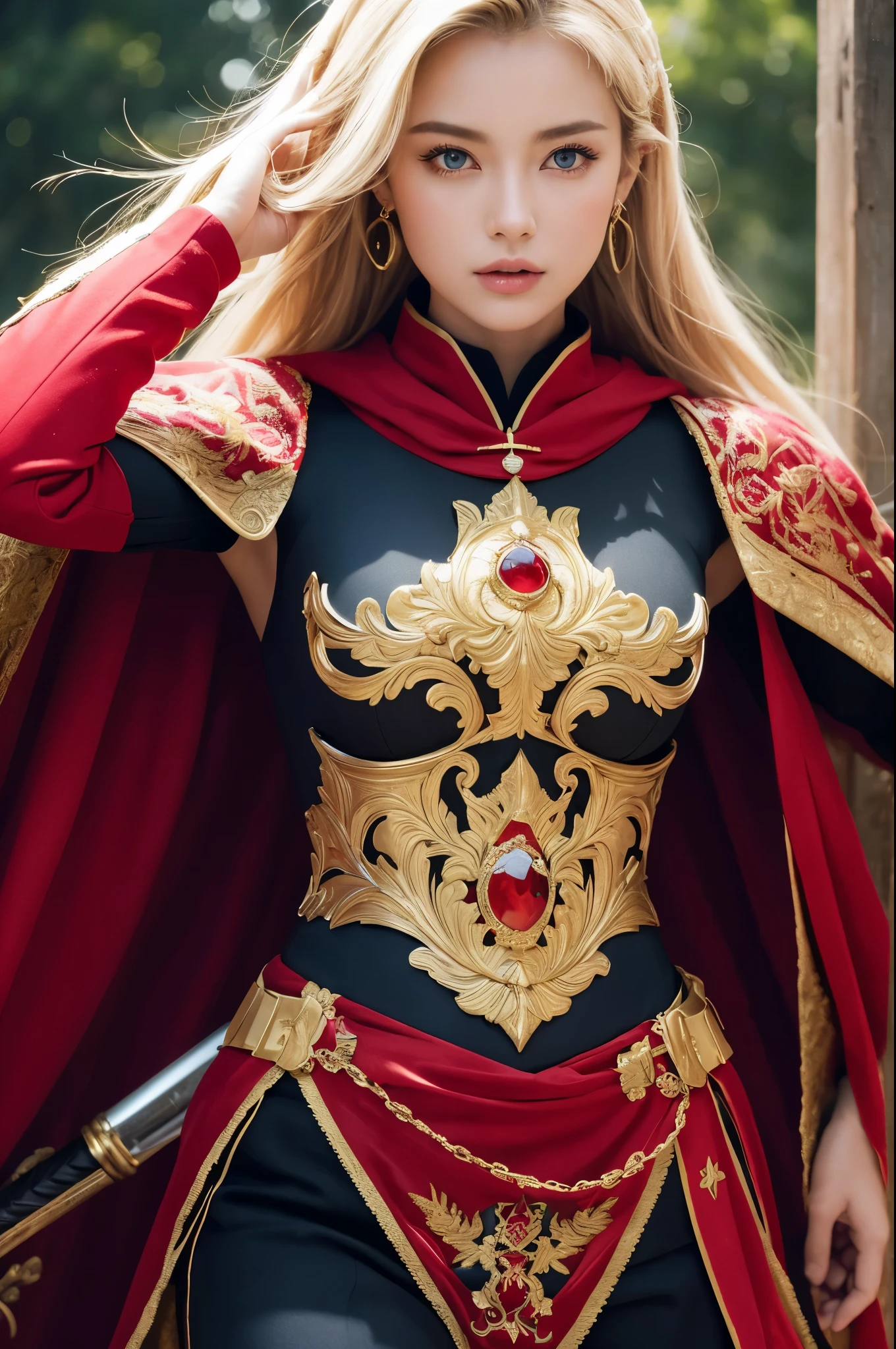 8K,Blonde princess in gorgeous red, white, Black and blue breastplate, Super Beauty(Like the real thing)Realistic Skin,美しいPrincess Night,blue eyes, Princess Night, ((美しい幻想的なPrincess Night)), Elegant , gorgeous princess paladin, 美しいPrincess Night,Ultra-high resolution,masterpiece,Surreal,Fantasy art,curator art,Cinestill 800,Captivating Gaze,Sexy,Close-up,Sexyな胸鎧,細くMuscularな身体,Battle Scenes,Action Scenes,Action pose,Equipped with a rapier on the waist,Royal coat of arms engraved on the breastplate,red and white luxurious cloak,Fight the enemy,Slender body,Muscular,gorgeous red and black pants(Gold embroidery),Small breasts,Childish appearance,Rugged appearance,身長が低いPrincess Night,Makeup,