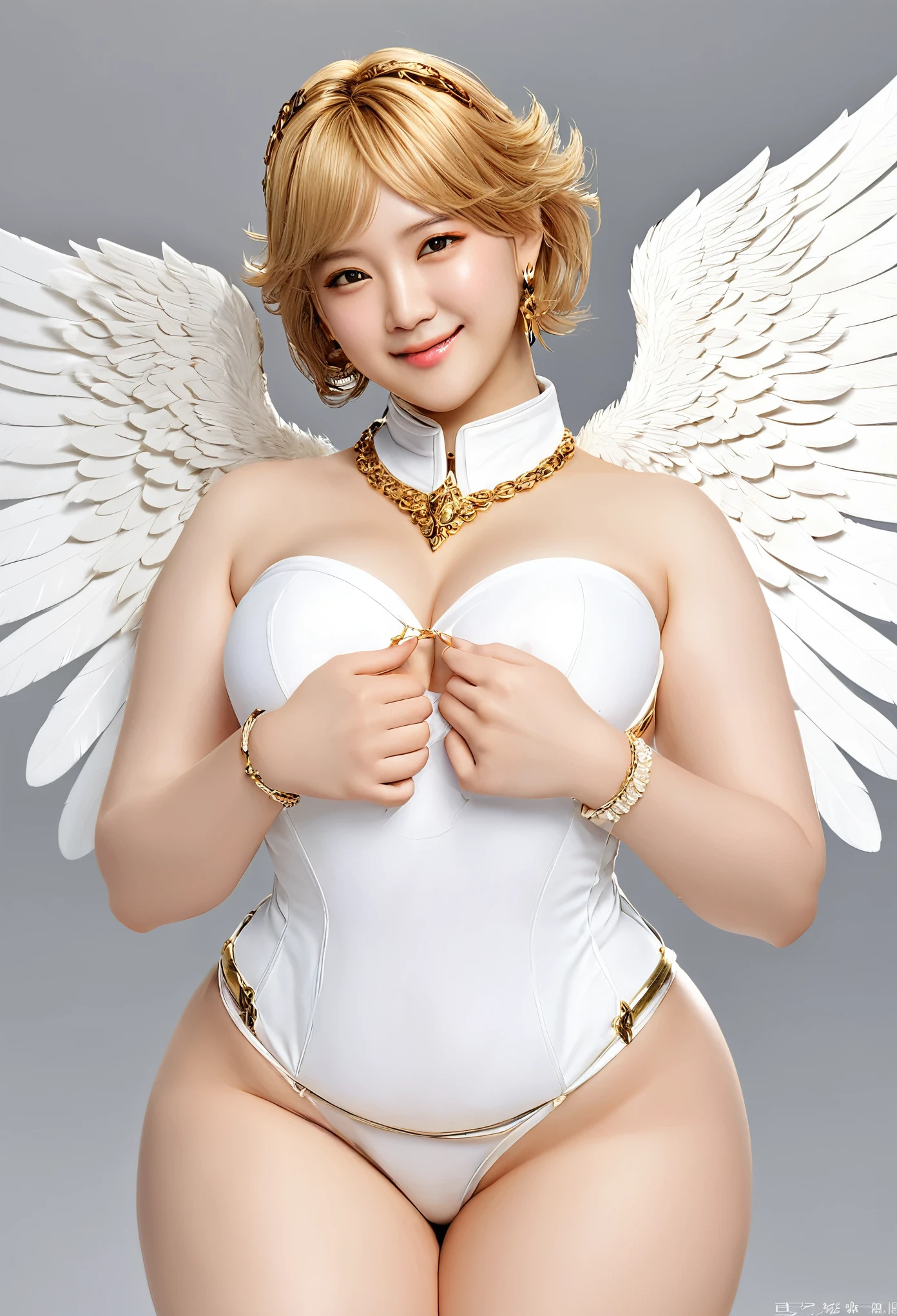 angelicales、The figure of an angel、White large wings、Wear golden Western-style armor、、Wearing golden armor、Wearing a golden suit、Very fat woman、Very fat woman、Round face、Fat face、large boob、thick waist、Big belly、big butts、thick thight、thick arms、Plump body、、masterpiece, top-quality,photos realistic, Detailed eyes and lips,Detailed iris,Realistically drawn skin,Limbs drawn in proper balance,Correctly drawn hands and fingers,I drew one thumb and four fingers in optimal proportions,number々Award-winning masterpieces of, with incredible detail, textures and maximum detail、hyper realstic、Realistic、Top quality real texture skins、fine perfectly symmetrical eyes、Beautiful face drawn in detail、Circle of angels of divine radiance overhead、Beautiful kind eyes、She has a blissful smile on her face、Beautiful colored eyes full of compassion、Her expression is serene full of tenderness and very beautiful、Large wings with pure white feathers behind the shoulders、Glass earrings on the ears,A beautiful necklace around the neck、Beautiful bracelet on the arm、dramatic photography、Golden hair、 short cut hair, ((Looking down)), Around her neck is a simple necklace of exquisite workmanship、Hyper Detailed, Intricate details、、Wings of Light Effect、spread your wings wide、a blond、blue eyess、Facing the front、 Wearing a small white micro bikini、Bikini with gold embellishments、Wearing a small piece of armor on his chest、Wearing a small piece of armor in the crotch、、Wearing a small white cloth、 Small white cloth、