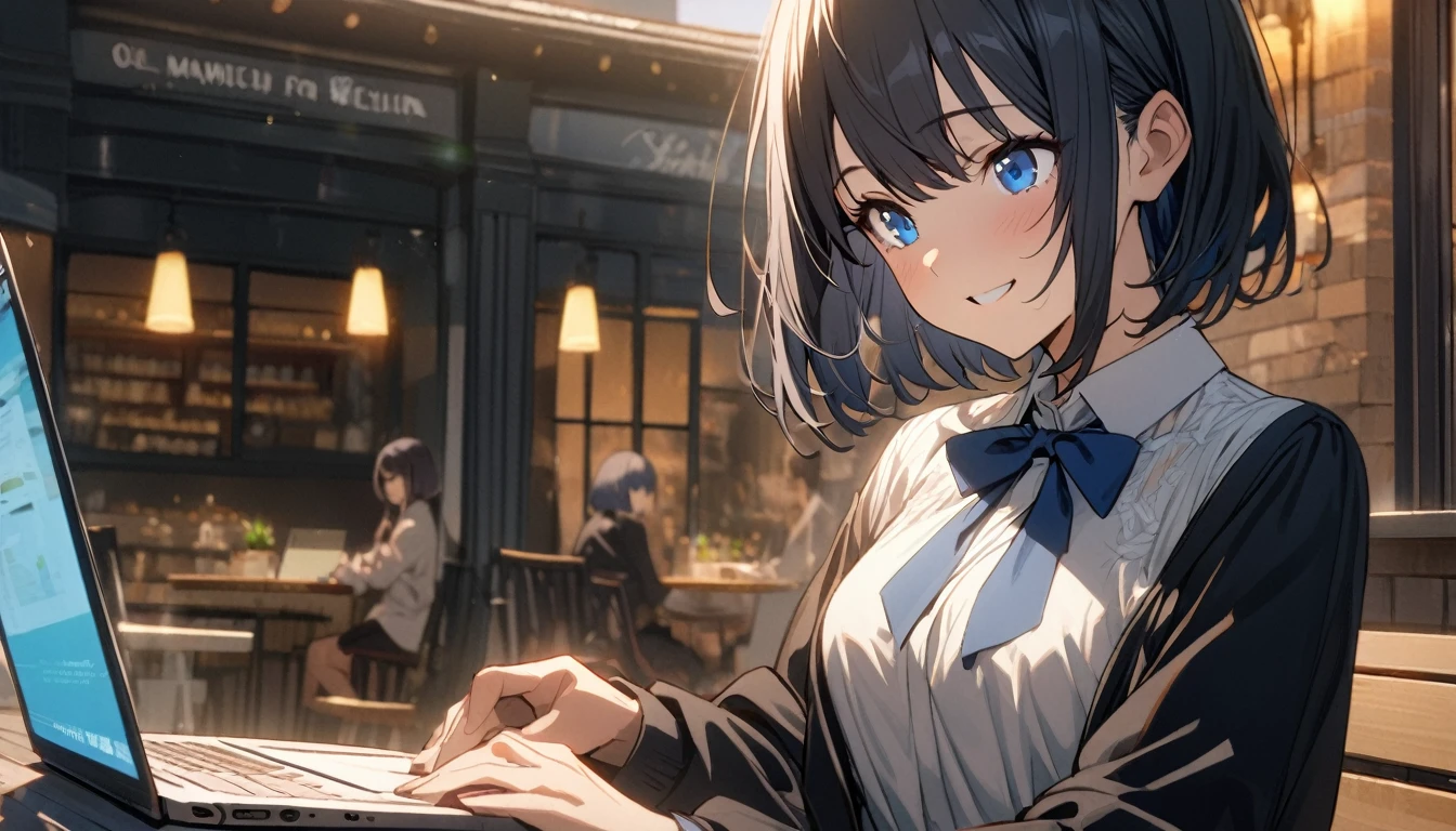 (1girl in),(beautiful blue eyes finely detailed、Face to detail、masterpiece sidelighting、masterpiece、top-quality、detaileds、High resolution illustration),Woman using laptop on the open terrace of a fashionable café、18year old、OL、Everyday clothes、A smile、frontage、The upper part of the body、black hair、Short bob hair、The upper part of the body、wearing formal clothes and wearing a blue bowtie
