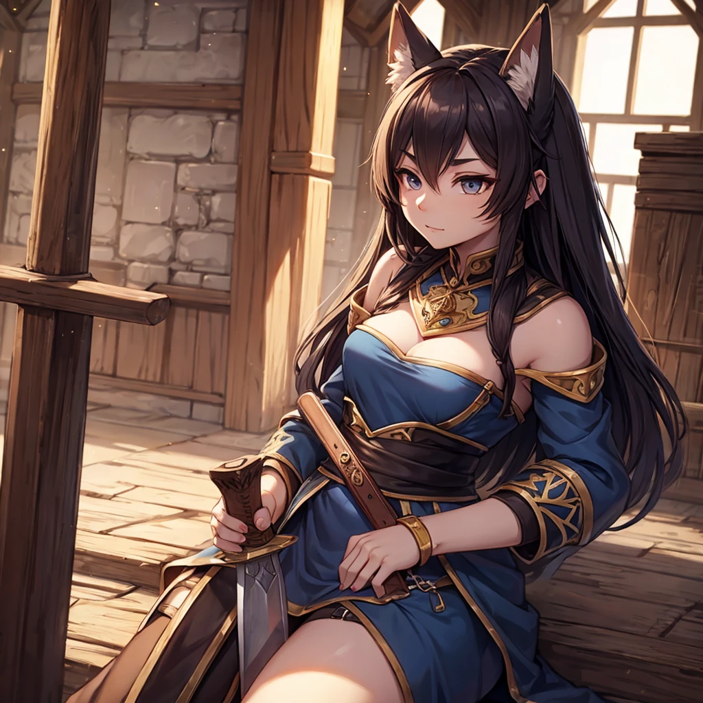 Beautiful character, ​masterpiece, Attention to the details, FantasyStyle, fully body, model to be used in tcg game, hold medieval weapon