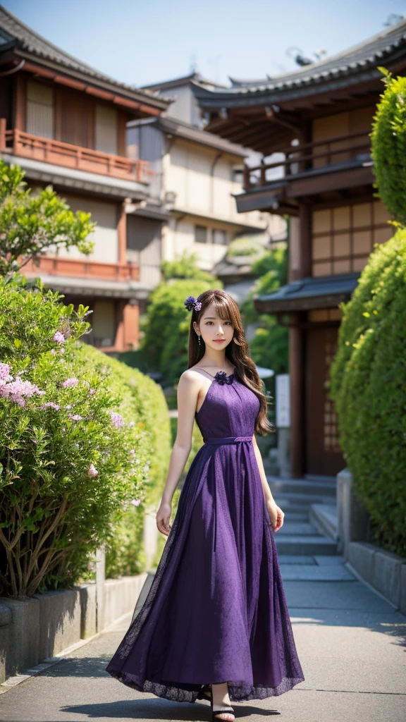Full body, Anime girl in a purple and black dress with a purple sakura flower in her hair, artwork in the style of Gweitz, Gweitz, japanese Girl, Trending on cgstation, Cute anime in a nice dress, Gweitz on pixiv artstation, palace , Girl in Hanfu, Beautiful digital art, Gweitz on artstation pixiv, very very long brown hair rapunzel, dancing, walking, background japan city, excited
