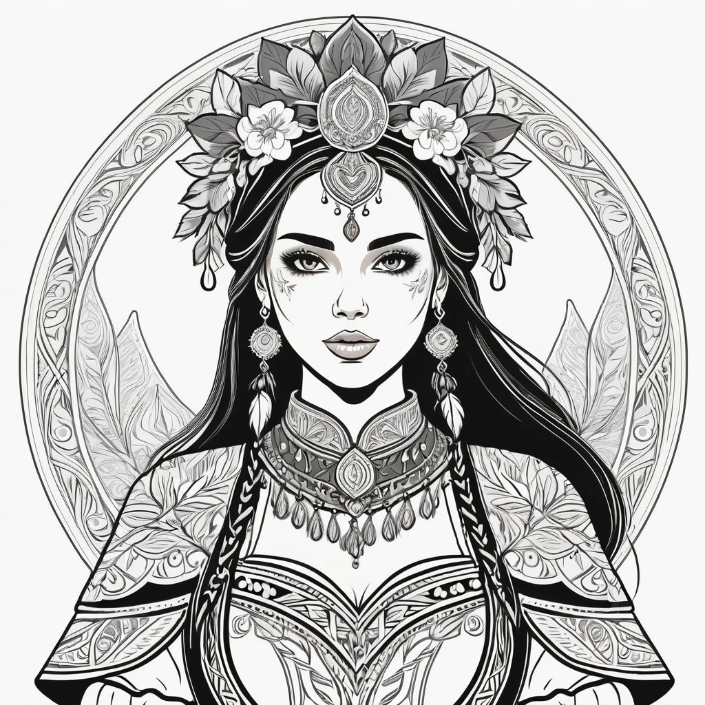fantasy woman in folk outfit, vector graphics, strong contours