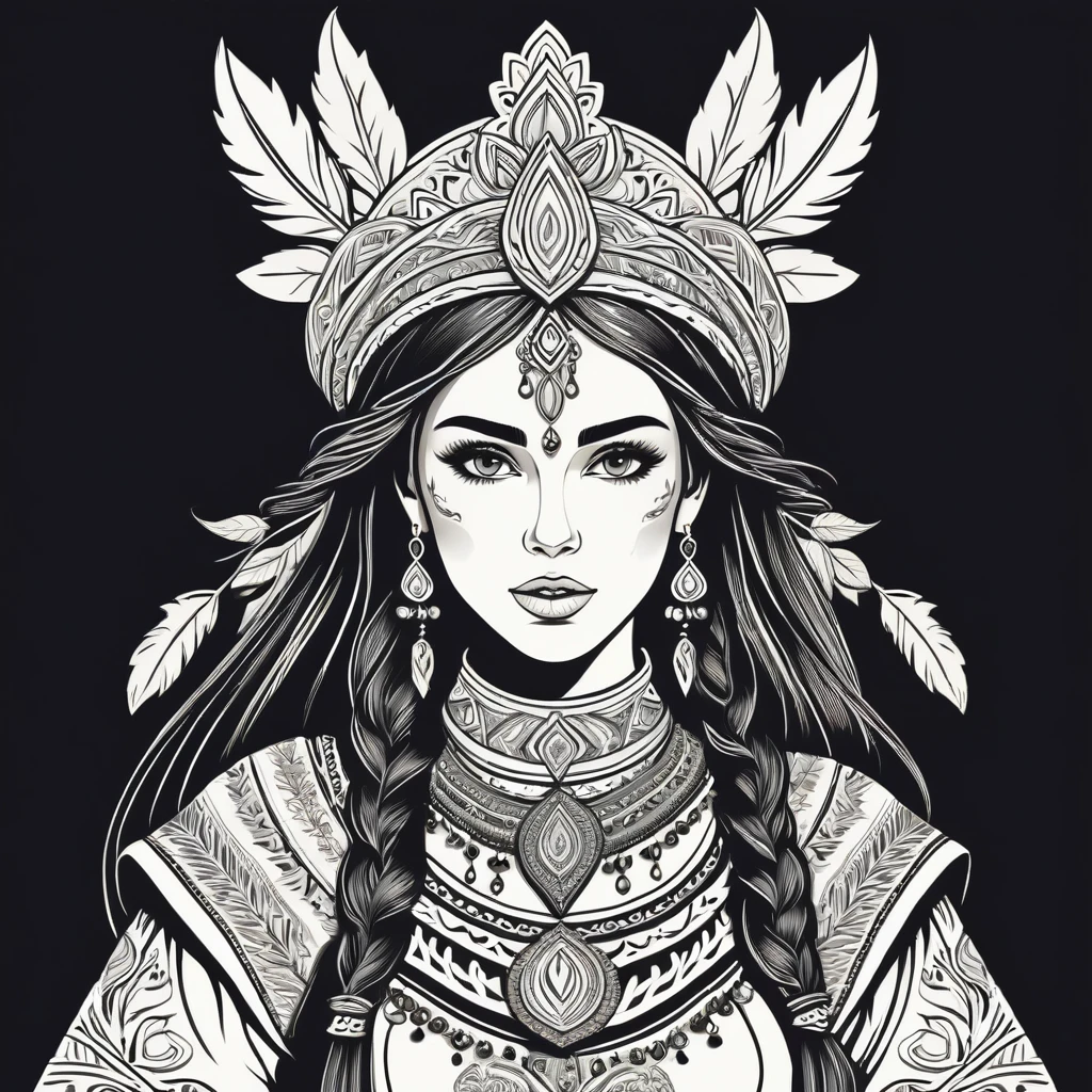fantasy woman in folk outfit, vector graphics, strong contours