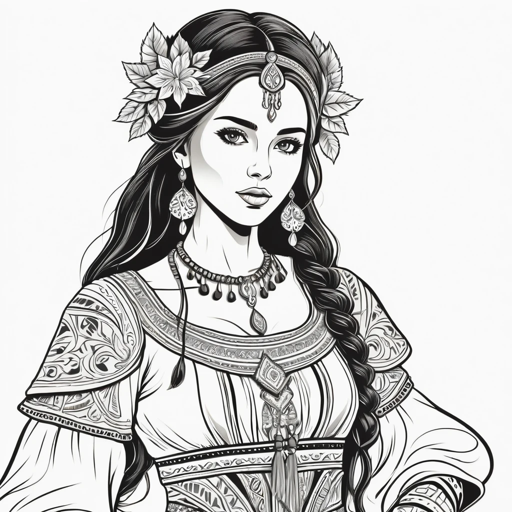 fantasy woman in folk outfit, vector graphics, strong contours