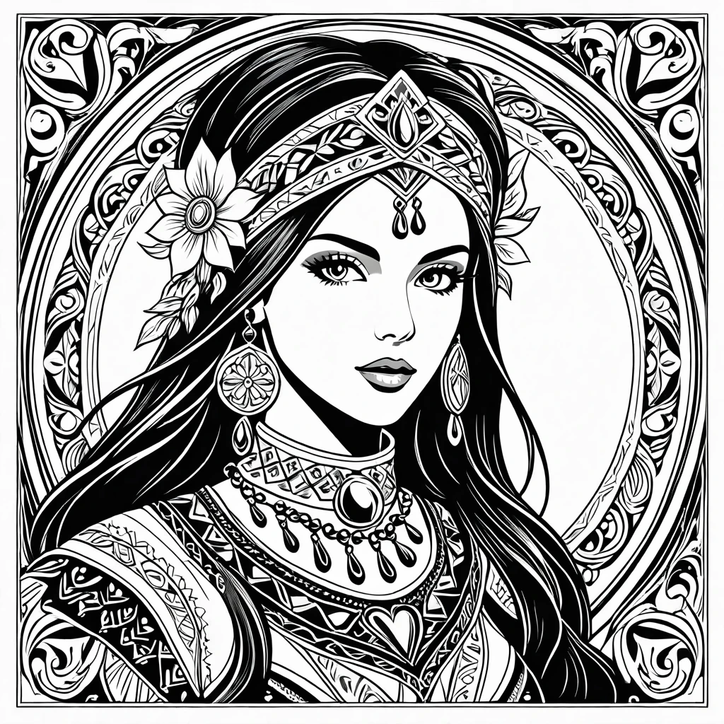 fantasy woman in folk outfit, vector graphics, strong contours
