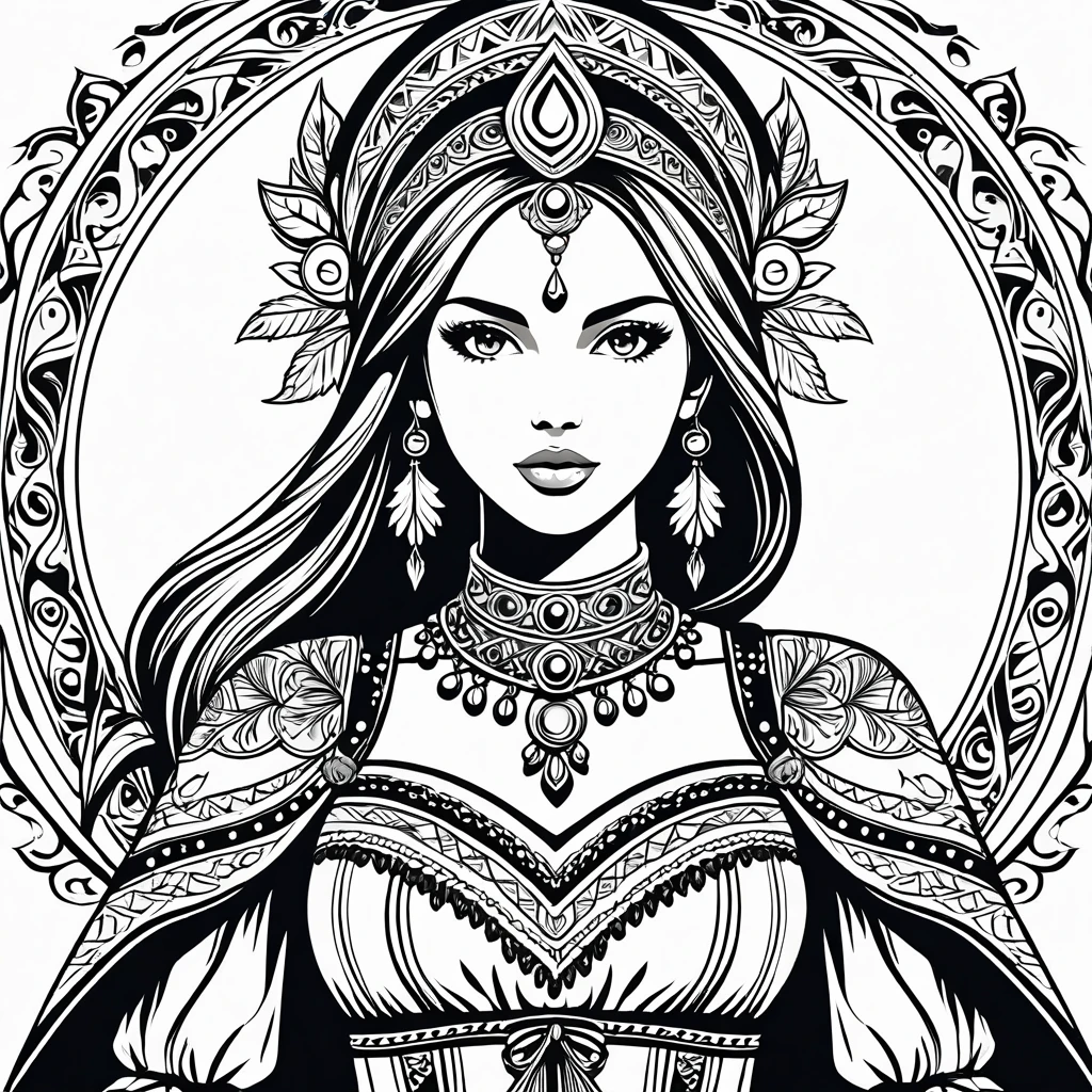 fantasy woman in folk outfit, vector graphics, strong contours
