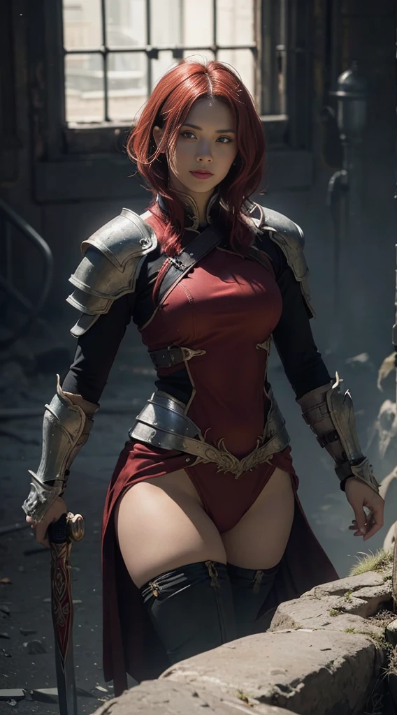 8k, best quality, highres, realistic, real person, A solitary warrior in a suspicious arena setting, without the demon lord. The warrior, lightly armored and with a sly smile, wields a large, ornately decorated axe. They have short red hair. The background is a mysterious and ominous arena, with a sense of danger and suspense. The lighting is dim and dramatic, enhancing the warrior's intense and cunning appearance.
