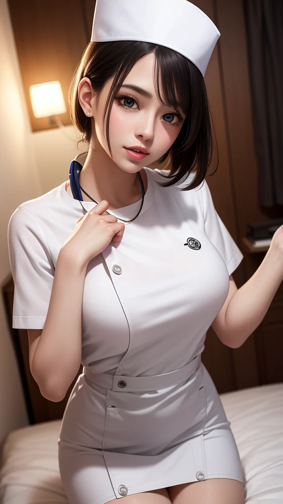 (masterpiece,ultra-detailed,best quality,8K,CG,illustration,shaved:1.0),(1girl:1) 、Dark Room、bedroom、Sexy gestures and faces、Sexy, jyojifuku,nurse