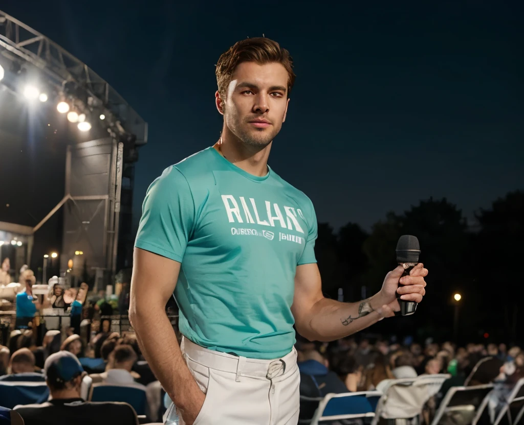 ((Handsome 35 year old caucasian male with desireable features standing on an outdoor concert stage, holding a microphone)), BREAK, (medium length light brown hair, cropped sides, clean shaven face, no facial hair, intriguing green eyes), BREAK, royal blue tee shirt, BREAK, white pants, athletic physique, bright golden hour outdoor lighting highlights his excellent features