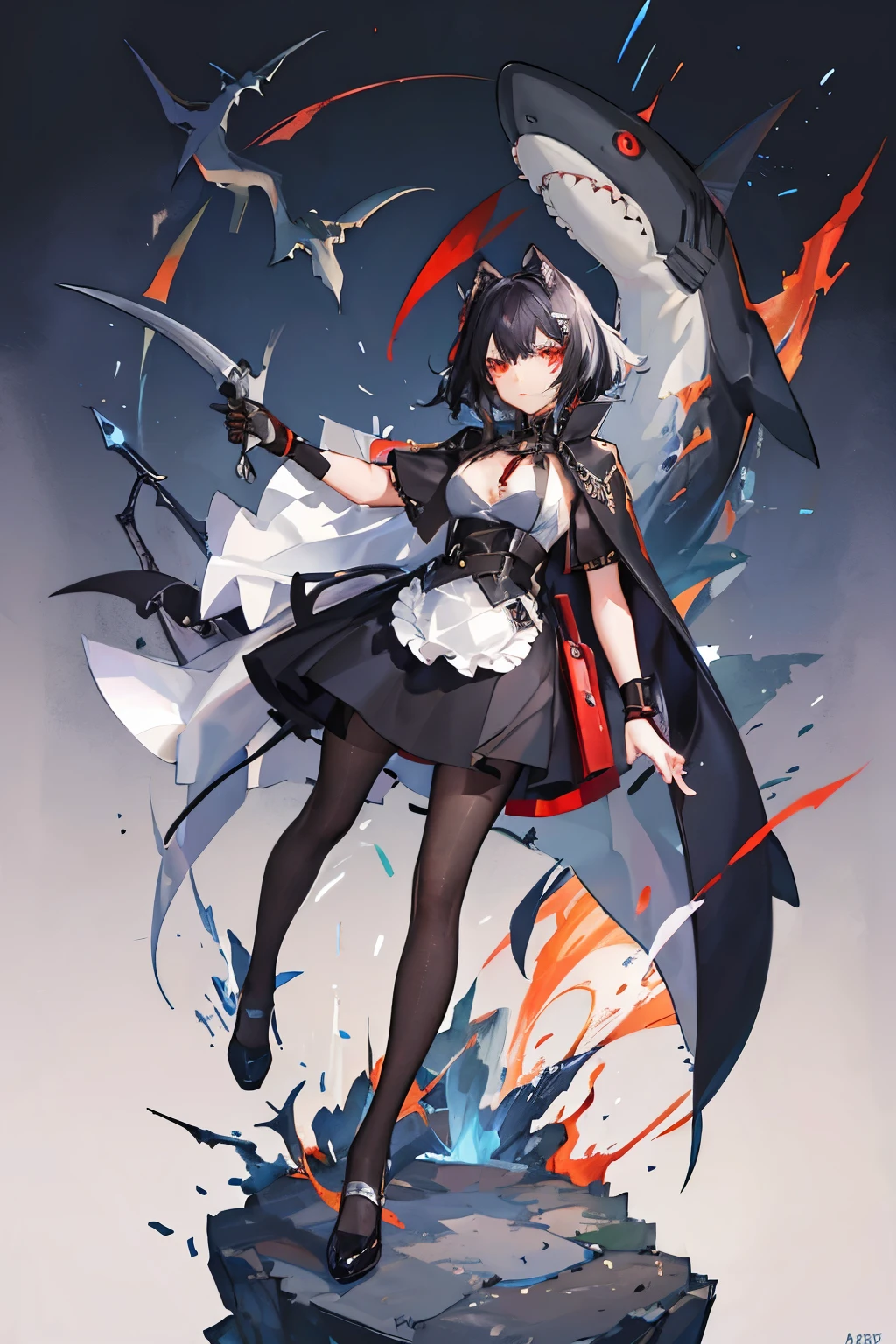 olo, 1girl (big breasts, shark tail, wild, cape) (masterpiece, best quality: 1.2), alternative clothing, dress, shark tail, (shark girl: 0.5), short hair, black hair, red eyes, tail, pantyhose , colorful hair, black shoes, short sleeves, apron, wristband, stockings, black hair, white inner hair, (glowing red eyes: 1.3), short hair, two-color hair, apron, black pantyhose, black shirt, knife