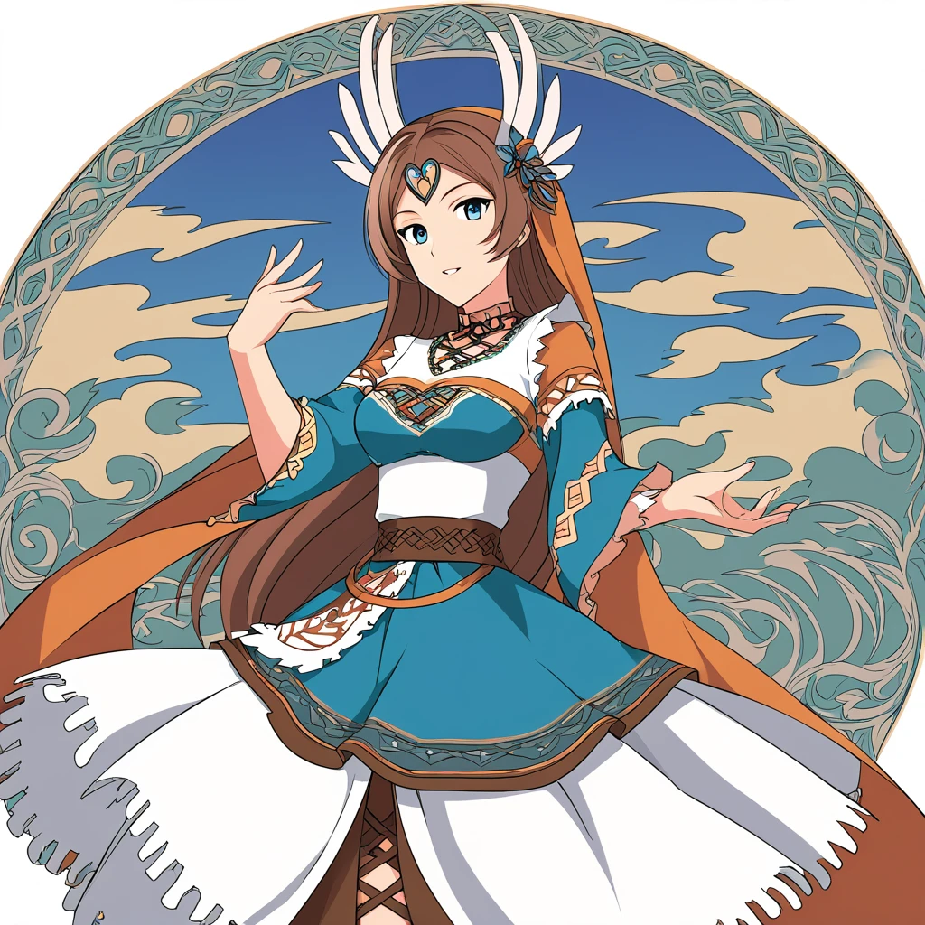 fantasy woman in folk outfit, vector graphics, strong contours