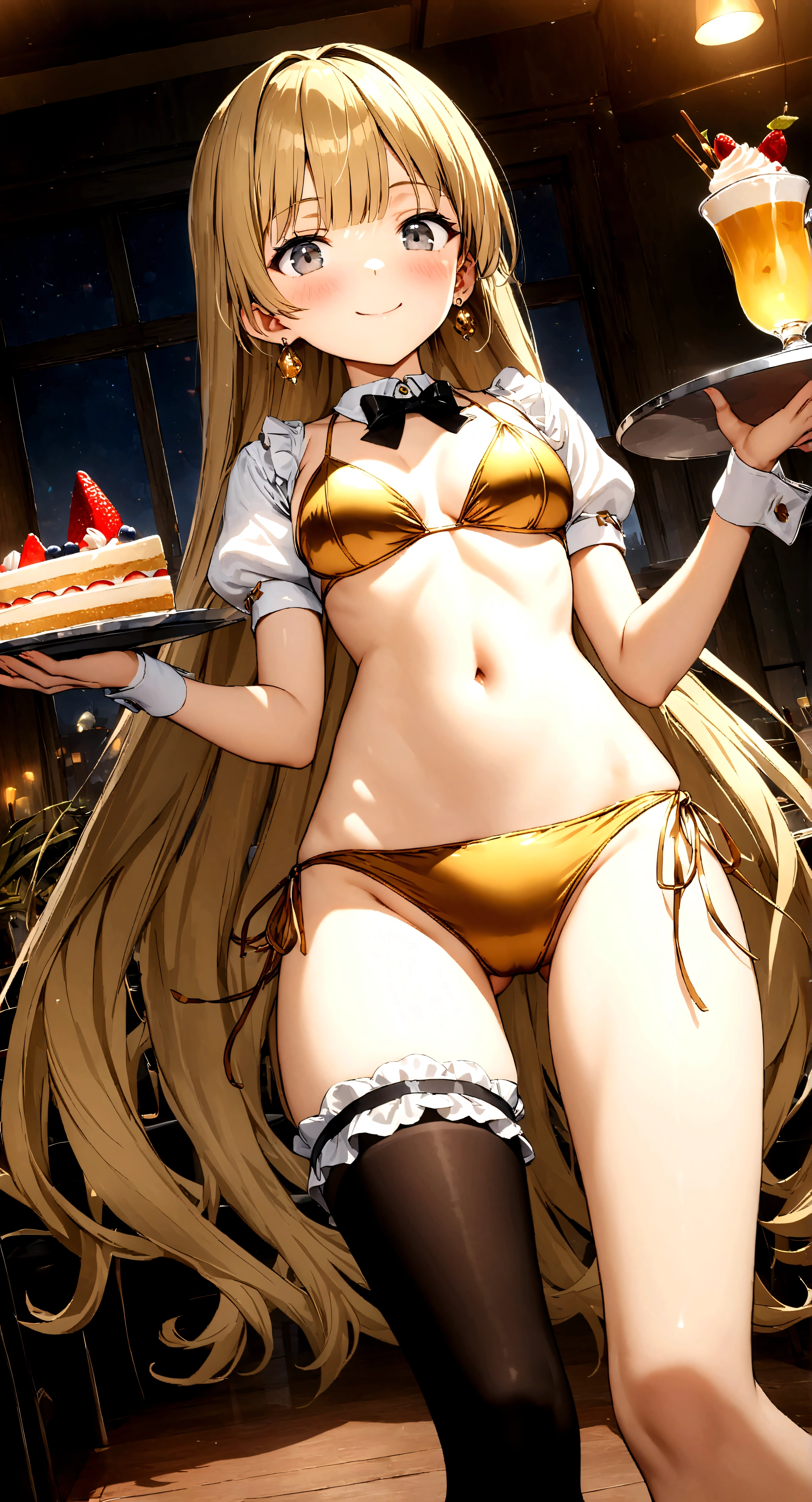 ((32k)), ((best quality)), ((ultra high res)), ((HDR)), ((UHD)), ((extremely detailed CG)), ((unity 32k wallpaper)), (1girl), (()), (ideal ratio body proportions), very long hair, (breasts), looking at viewer, blush, smile, bangs, thighhighs, bow, holding, cleavage, jewelry, (((golden bikini))), ((medium breasts)), closed mouth, standing, swimsuit, (golden hair), short sleeves, bikini, ((cowboy shot)), earrings, frills, food, black thighhighs, indoors, bowtie, cup, puffy short sleeves, wrist cuffs, grey eyes, thigh strap, detached collar, side-tie bikini bottom, thigh gap, table, single thighhigh, plate, tray, teacup, cake, bridal garter, holding tray, cake slice, (night), ((from below)), ((((from behind)))), ((open your legs)), ((Leaning forward)),