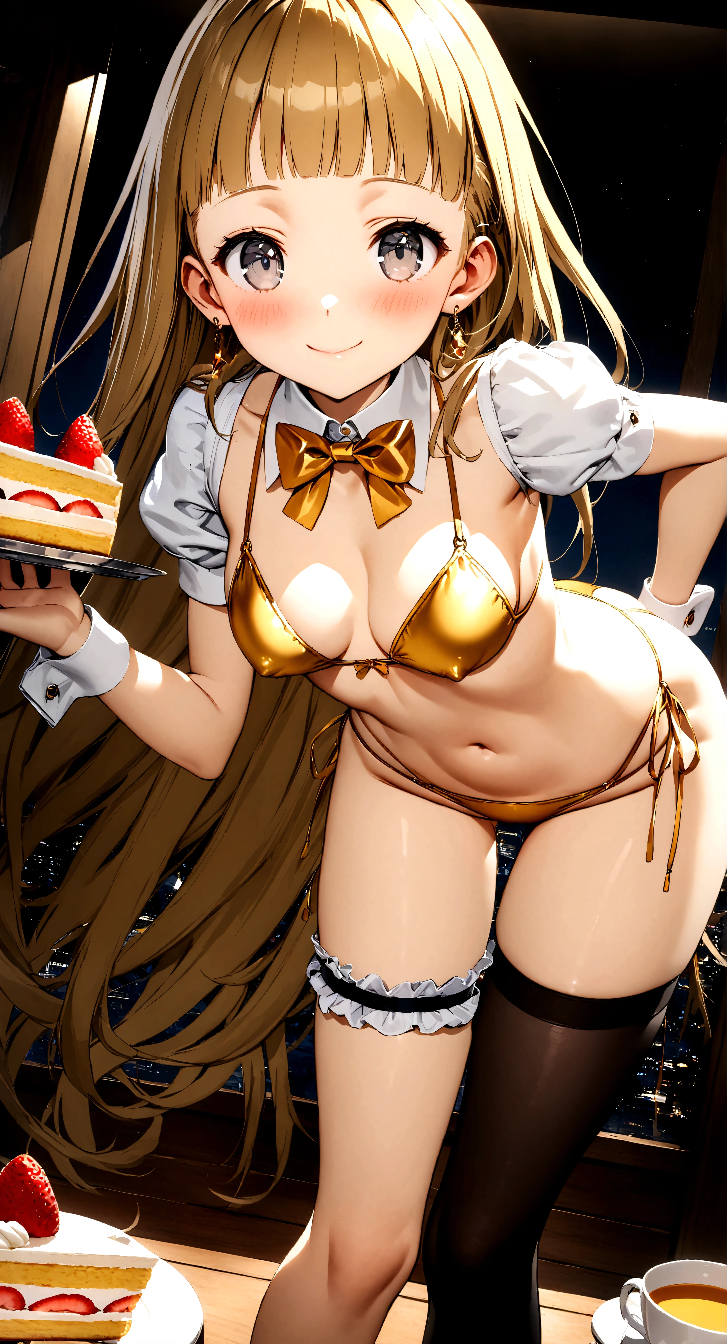 ((32k)), ((best quality)), ((ultra high res)), ((HDR)), ((UHD)), ((extremely detailed CG)), ((unity 32k wallpaper)), (1girl), (()), (ideal ratio body proportions), very long hair, (breasts), looking at viewer, blush, smile, bangs, thighhighs, bow, holding, cleavage, jewelry, (((golden bikini))), ((medium breasts)), closed mouth, standing, swimsuit, (golden hair), short sleeves, bikini, ((cowboy shot)), earrings, frills, food, black thighhighs, indoors, bowtie, cup, puffy short sleeves, wrist cuffs, grey eyes, thigh strap, detached collar, side-tie bikini bottom, thigh gap, table, single thighhigh, plate, tray, teacup, cake, bridal garter, holding tray, cake slice, (night), ((fro, m below)), (((((from behind))))), (((Leaning forward))), ((nsfw))