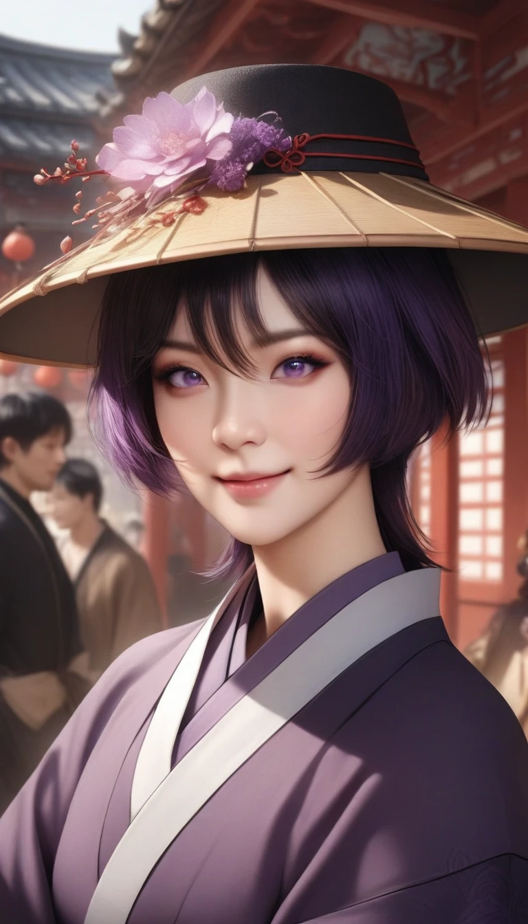 masterpiece, best quality, very aesthetic, absurdres, 1girl, mature_lady,animetoreal,realistic,photorealistic, smile,,1boy, scaramouche \(genshin impact\), genshin impact, short hair, purple eyes, purple hair, shirt, japanese clothes, hat, hair between eyes, closed mouth, black hair, jewelry,Feng Shui Principles (China) - A traditional Chinese practice of arranging buildings and spaces in harmony with the natural environment.,floating_clothes