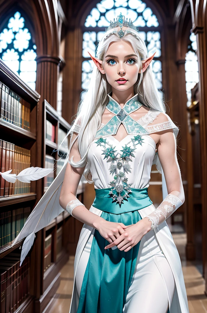 No crown Standing alone in a library hall is a Ice elf Female Elf with Ice white eyes, Wearing a high necked blouse with a full skirt for meetings outfit dress entirely covering her body is a Snow Elf ambassador with white hair and feathers in her hair clear to ice white eyes pale skin Elf elven woman ambassador
