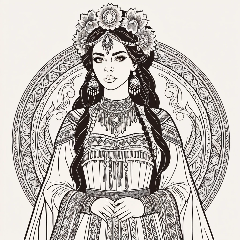 fantasy woman in folk outfit, vector graphics, strong contours
