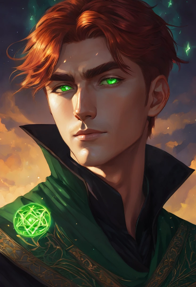 Young guy, strong, medium-short red hair with slick back hairstyle, glowing magic green eyes, green shadow magic,black magic runes, ancient magic use, black sherwani, medieval times, floating in the sky above the ground looking down, angle from below, detail love, good quality, digital art