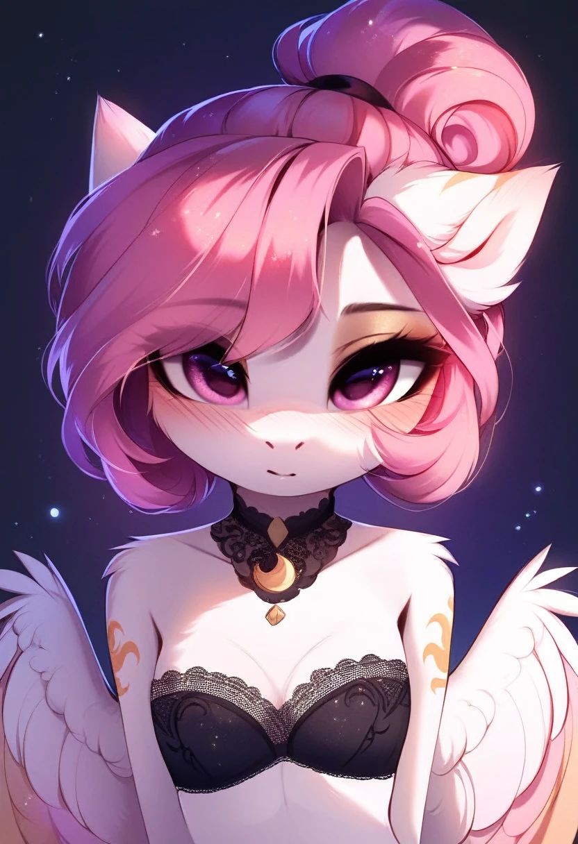 check_9, check_8_up, check_7_up, source_fluffy, rating_safe, from Magnaluna, Celestia poses seductively in a white bedroom, dark pink mane with gold stripes in it, hair bun with bangs, pink eyes, white body, anthro, blushing, wearing goldern lingerie 