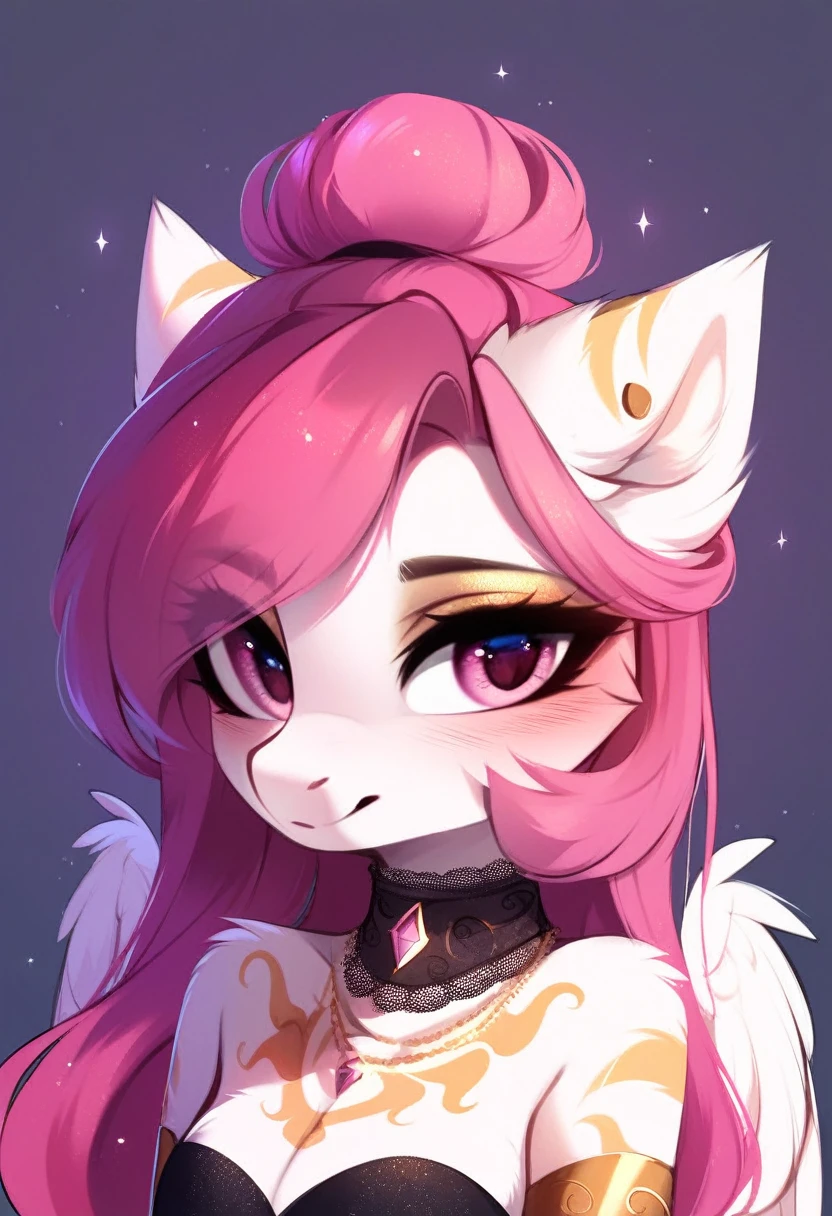 check_9, check_8_up, check_7_up, source_fluffy, rating_safe, from Magnaluna, Celestia poses seductively in a white bedroom, dark pink mane with gold stripes in it, hair bun with bangs, pink eyes, white body, anthro, blushing, wearing goldern lingerie