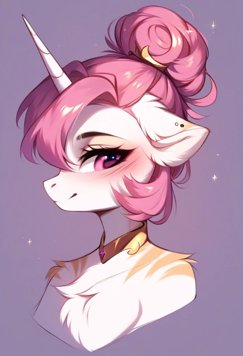 check_9, check_8_up, check_7_up, source_fluffy, rating_safe, from Magnaluna, Celestia poses seductively in a white bedroom, dark pink mane with gold stripes in it, hair bun with bangs, pink eyes, white body, anthro, blushing, wearing goldern lingerie 