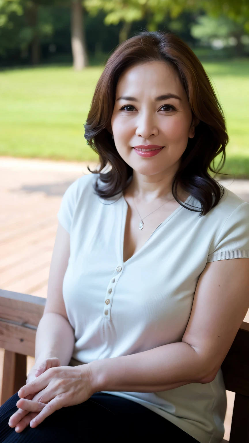 最high quality, In 8K, Masseter region, Genuine, Sharp focus, high quality, High resolution, Detailed face, fine grain, Thick lips, Background Blur, alone, Middle-aged women, , 65 years old, , Wavy Hair, Cleavage, Wearing a plain short-sleeved knit, sitting on a park bench, Wrinkles around the eyes, Smiling with teeth showing