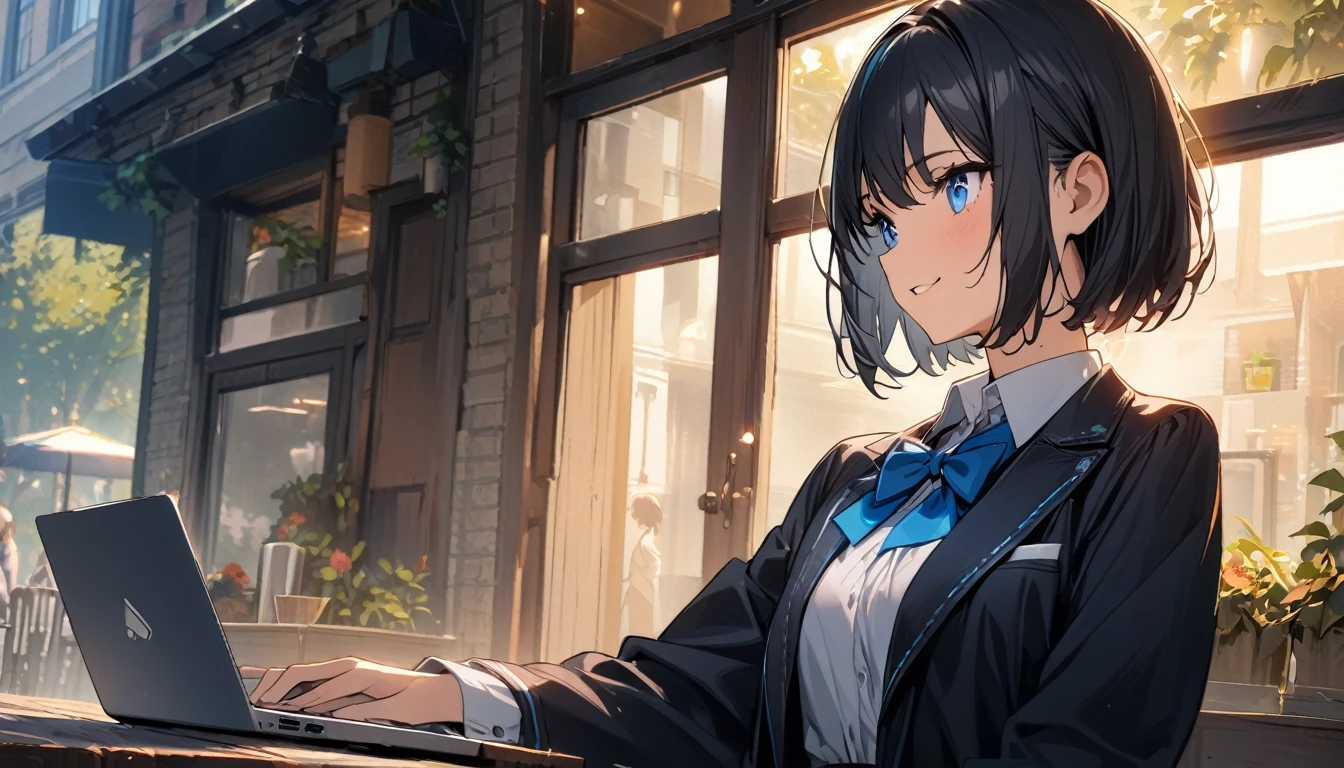 (1girl in),(beautiful blue eyes finely detailed、Face to detail、masterpiece sidelighting、masterpiece、top-quality、detaileds、High resolution illustration),Woman using laptop on the open terrace of a fashionable café、18year old、OL、Everyday clothes、A smile、frontage、The upper part of the body、black hair、Short bob hair、The upper part of the body、wearing formal clothes and wearing a blue bowtie