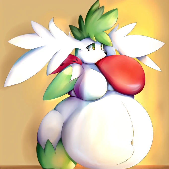 ((highest quality)), Perfect Face ((Shaymin:1.1)) ((Pokémon)) ((anthropomorphic)) (female) (((A big inflated belly))) (((Belly))) (blowing yellow balloon, looner, large balloon) (standing) (big pair of ???????)