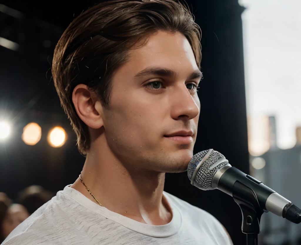 ((3/4 view, Handsome 35 year old caucasian male with desireable features standing on a
Concert stage, talking into a microphone)), BREAK, (medium length light brown hair, cropped sides, clean shaven face, no facial hair, intriguing green eyes), BREAK, light pink muscle shirt, BREAK, white pants, athletic physique, bright golden hour outdoor lighting highlights his excellent features