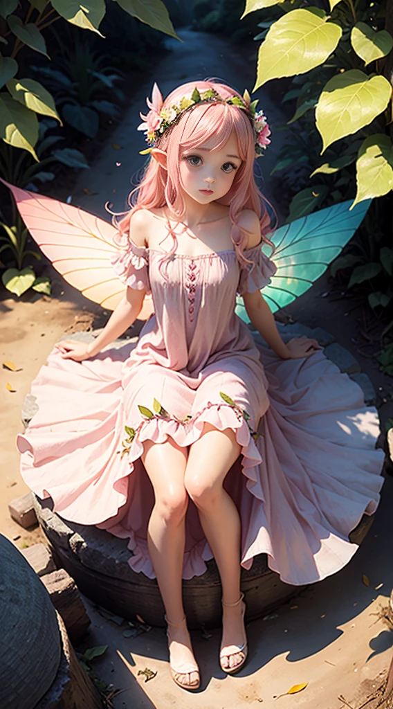 cute little fairy pink wings pink angel wings pink hair pointy ears flower crown dress made of leaves lots of flowers leaves sitting on a big leaf