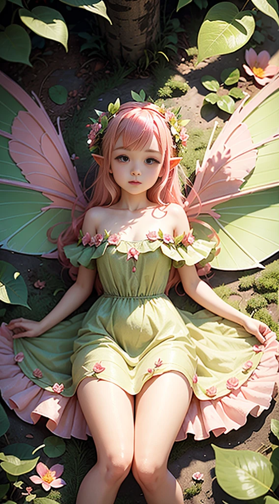 cute little fairy pink wings pink angel wings pink hair pointy ears flower crown dress made of leaves lots of flowers leaves sitting on a big leaf