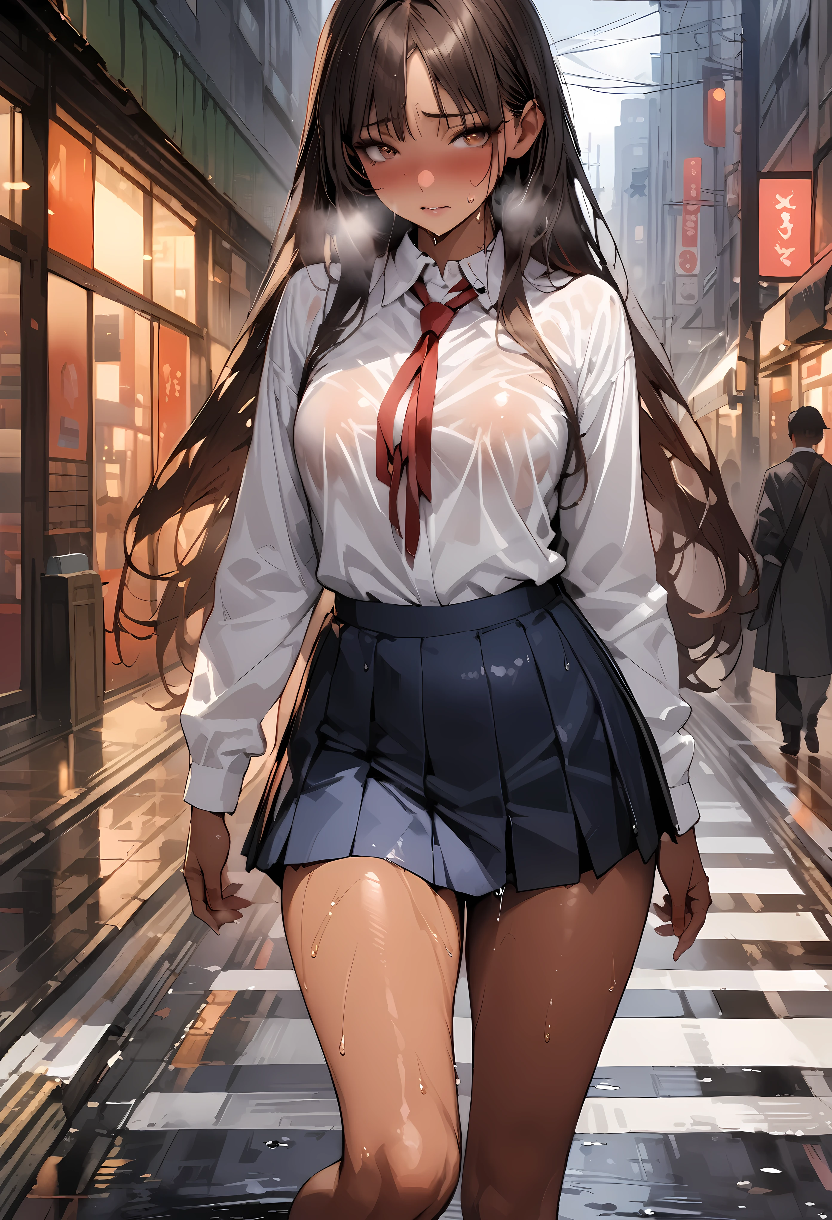 ((masterpiece,Highest quality:1.3,best quality illustration,realistic:1.3)),cowboy shot,solo,1woman,(20-year-old、Japanese Beauty)、brown hair,long hair,(center parted bangs),brown eyes,gorgeous eyes,((very small head:1.3)),shy,Heavy breathing,((very long body:1.2,skinny)),medium breasts,(tan skin:1.3),(Red ribbon tie、White collared shirt、Long sleeve navy blue pleated mini skirt),gleaming skin,toned body,slender body、Wet crotch、sweat,on street,shibuya、Modern Tokyo、