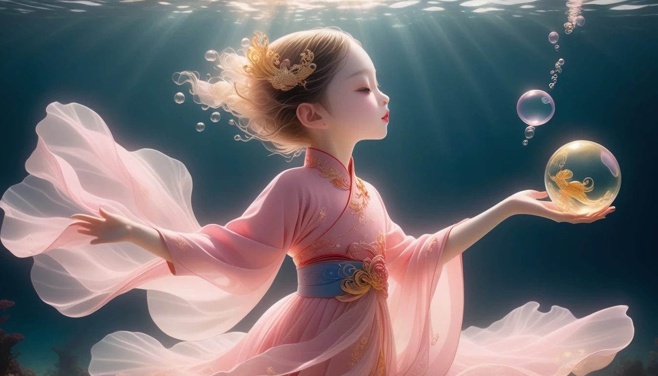 1. Little Girl, Solitary, Under the Deep Sea, walking underwater;Wearing pink Chinese clothing,Fairy the same,underwater dance;dancer;Golden water,金色的bubble; Deep Shadows, Extraordinary details, bubble, spark, Sun streaks, seabed, bright, whole body, swirl, Golden Light, Embed:Average runoff, masterpiece, high quality, 4K