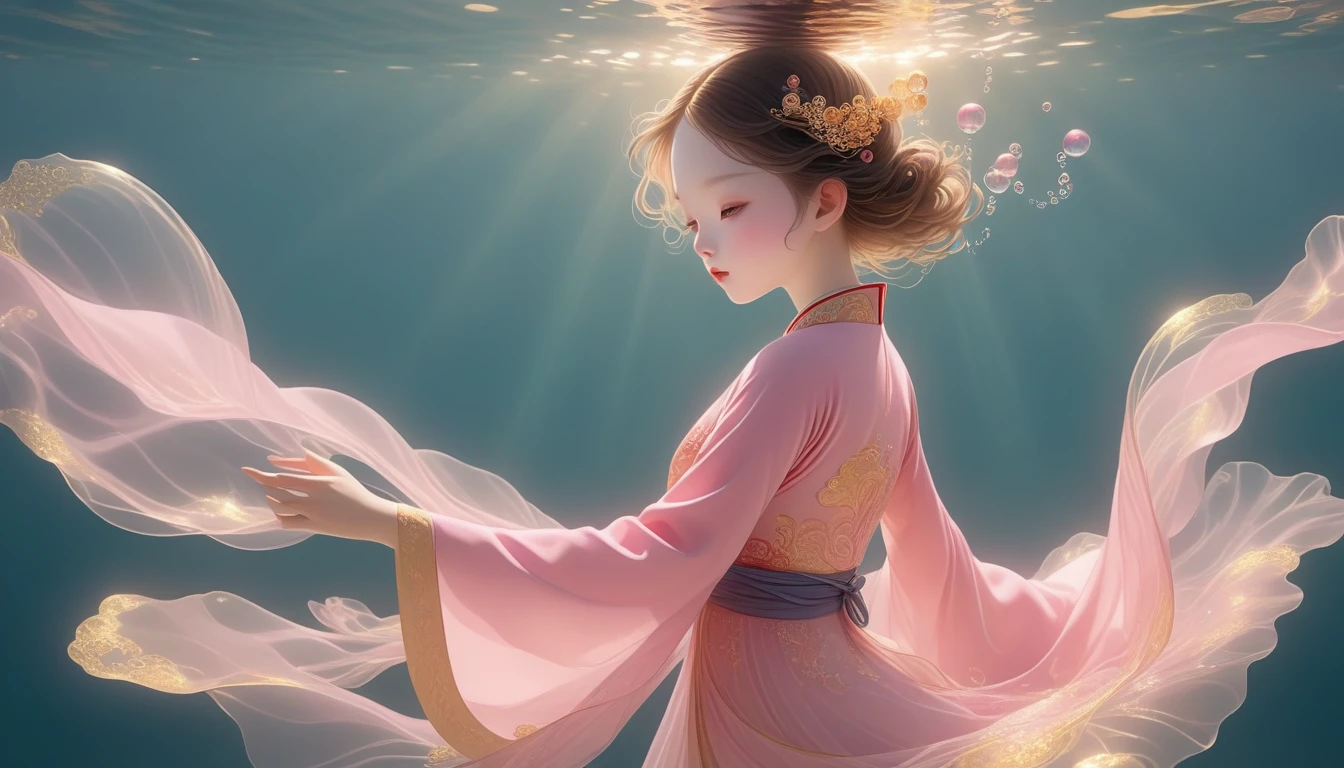 1. , Solitary, Under the Deep Sea, walking underwater;Wearing pink Chinese clothing,Fairy the same,underwater dance;dancer;Golden water,金色的bubble; Deep Shadows, Extraordinary details, bubble, spark, Sun streaks, seabed, bright, whole body, swirl, Golden Light, Embed:Average runoff, masterpiece, high quality, 4K