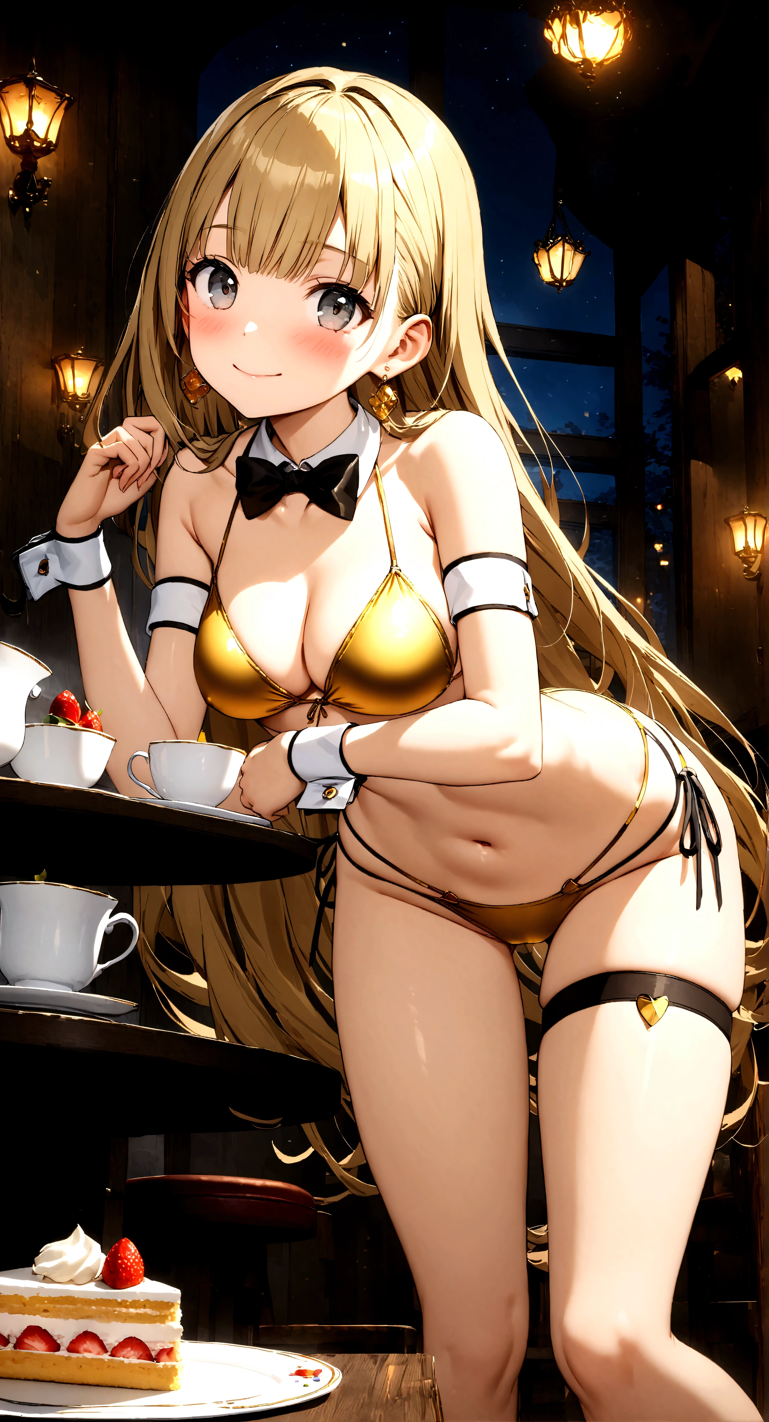 ((32k)), ((best quality)), ((ultra high res)), ((HDR)), ((UHD)), ((extremely detailed CG)), ((unity 32k wallpaper)), (1girl), (()), (ideal ratio body proportions), very long hair, (breasts), looking at viewer, blush, smile, bangs, thighhighs, bow, holding, cleavage, jewelry, (((golden bikini))), ((medium breasts)), closed mouth, standing, swimsuit, (golden hair), short sleeves, bikini, ((cowboy shot)), earrings, frills, food, black thighhighs, indoors, bowtie, cup, puffy short sleeves, wrist cuffs, grey eyes, thigh strap, detached collar, side-tie bikini bottom, thigh gap, table, single thighhigh, plate, tray, teacup, cake, bridal garter, holding tray, cake slice, (night), ((from below)), (((((from behind))))), (((Leaning forward))), ((nsfw))