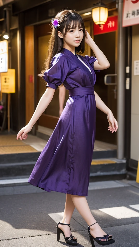Full body, Anime girl in a purple and black dress with a purple sakura flower in her hair, artwork in the style of Gweitz, Gweitz, japanese Girl, Trending on cgstation, Cute anime in a nice dress, Gweitz on pixiv artstation, palace , Girl in Hanfu, Beautiful digital art, Gweitz on artstation pixiv, very very long brown hair rapunzel, dancing, walking, background japan city, excited