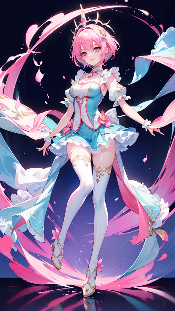 ((Highest quality))、((4K))、((Full Body Shot: 1.5))、((Pink short hair))、Big smile、Slim style、Beautiful long legs、Light blue tight idol costume、((The background is blurred and I can&#39;t see anything))、(down view),Dynamic Angle,Ultra-detailed, illustration, Close-up, straight on, 1girll, (fantasy:1.4), (azureblueeyes:1.233),Her eyes shone like dreamy stars,(Glowing eyes:1.233),(Beautiful and detailed eyes:1.1),(Silver hair:1.14),(Messy hair,Very long hair,french braid,hair between eye,side locks), (+(bule hair flower:1.14)),(Chiffon dress,bule flower pattern in uniform)/=(army suit:1.24),(Detached sleeves,Wide sleeves),(Fingerless gloves),choker necklace,(miko thighhighs),high heels boots,(Expressionless,Closed mouth),(standing), (Classical princess boudoir with dressing table and floor-to-ceiling windows in a white ancient palace),(White flowers,full bloom),(abyssal),(Flowing water),(a dull blue world tree:1.14),(ruins),(Night:1.2),Dreamy,soul,(Fluorescence),(flying translucent blue butterflies:1.15), [[Delicate fingers and hands:0.55]::0.85],(Detail fingers),(yubao:0.5),