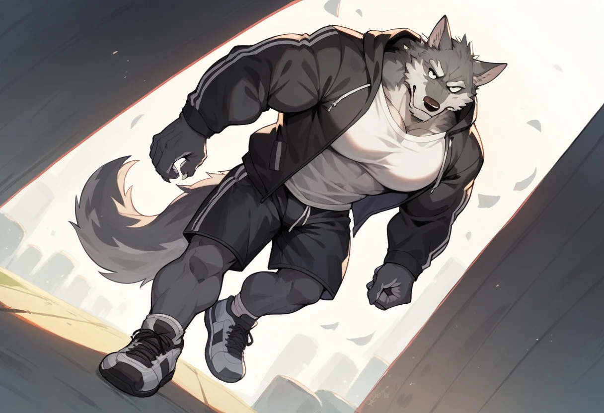 fenrir, wolf, 1boys, male, solo, gray fur, muscle, big tits, pecs, cool face, white t-shirt, black hooded jacket, black short pants, sport shoes, standing, front angle