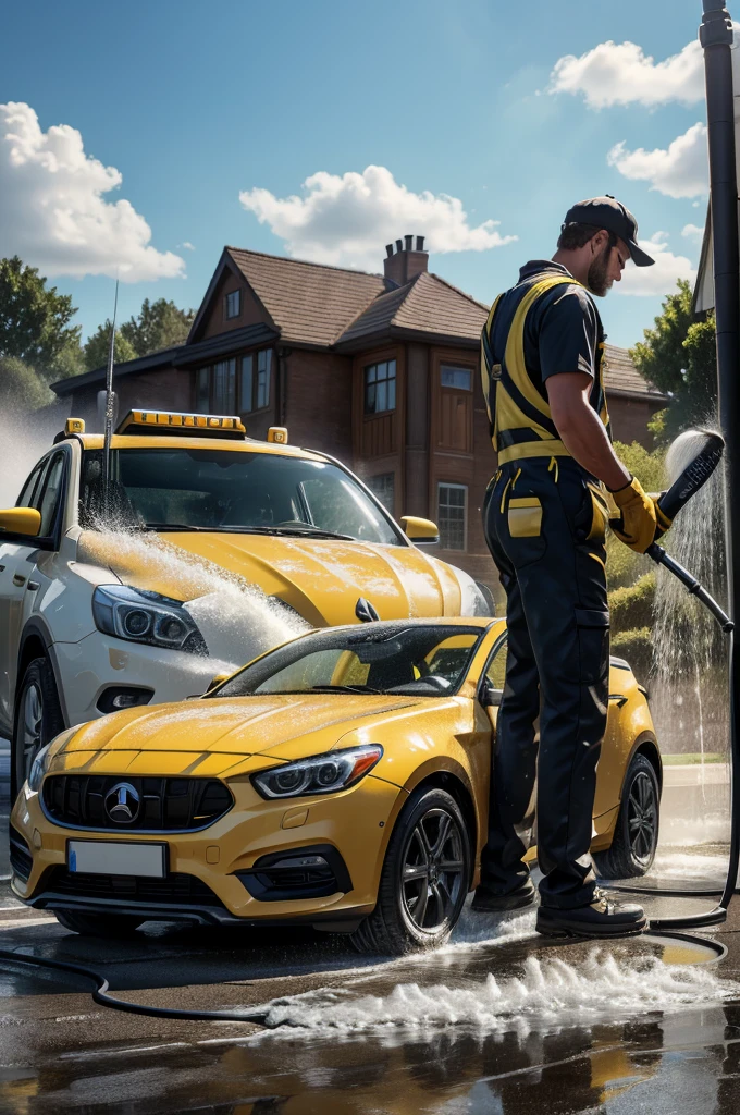 **"High-quality, masterpiece, detailed image of a man in a worker outfit, using a Karcher pressure washer to wash a car with foam, viewed from the side."**