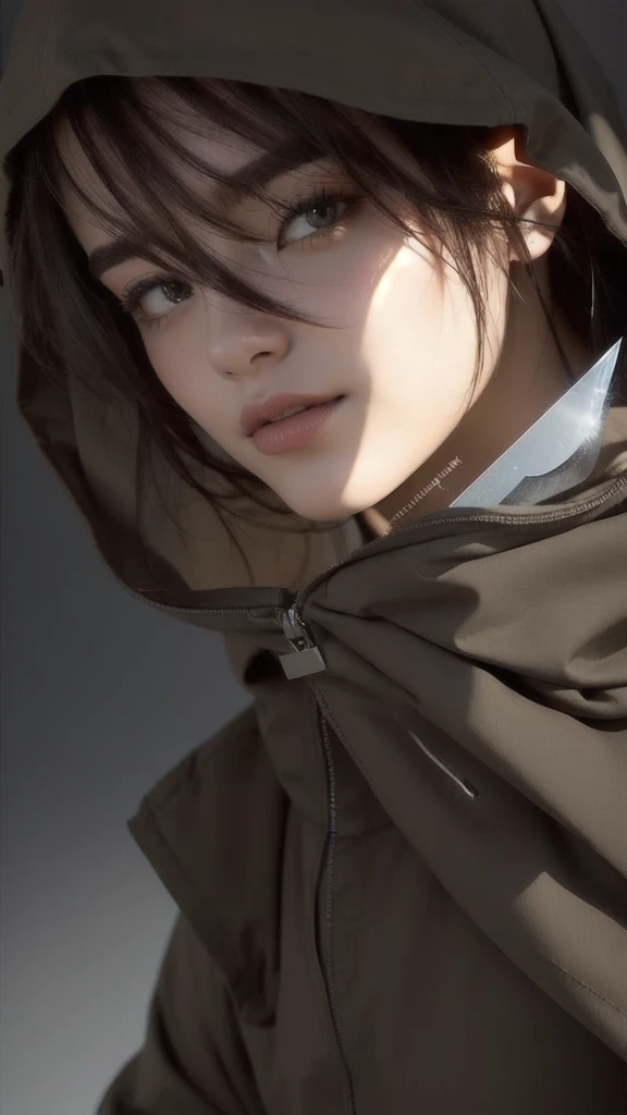 a person with a hood on and a knife in their hand, realistic