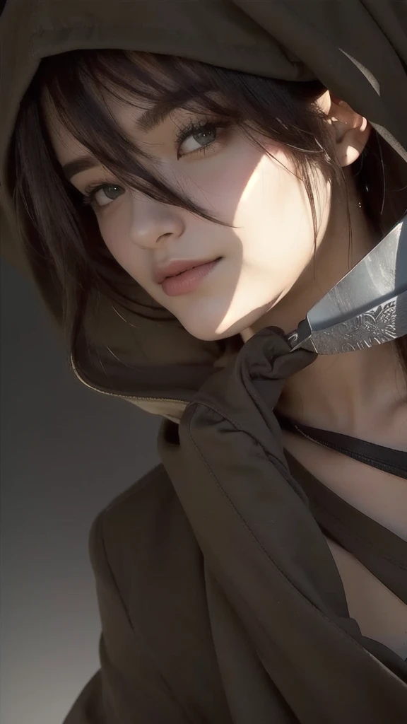 a person with a hood on and a knife in their hand, realistic